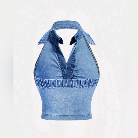 Denim Halter Top Stretchy V Neck Cropped Blue Jean Backless - Picture 2 of 5